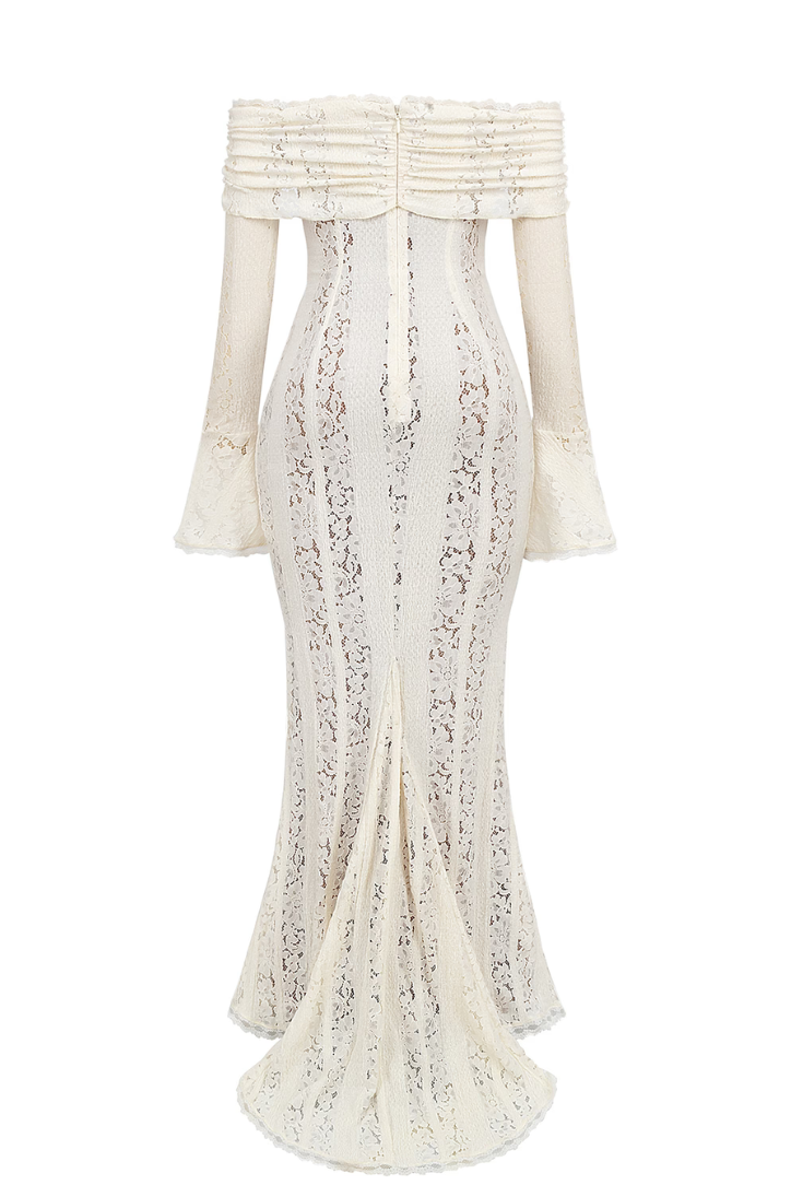 Abito Elegante Spalle Scoperte in Pizzo Maniche Lunghe