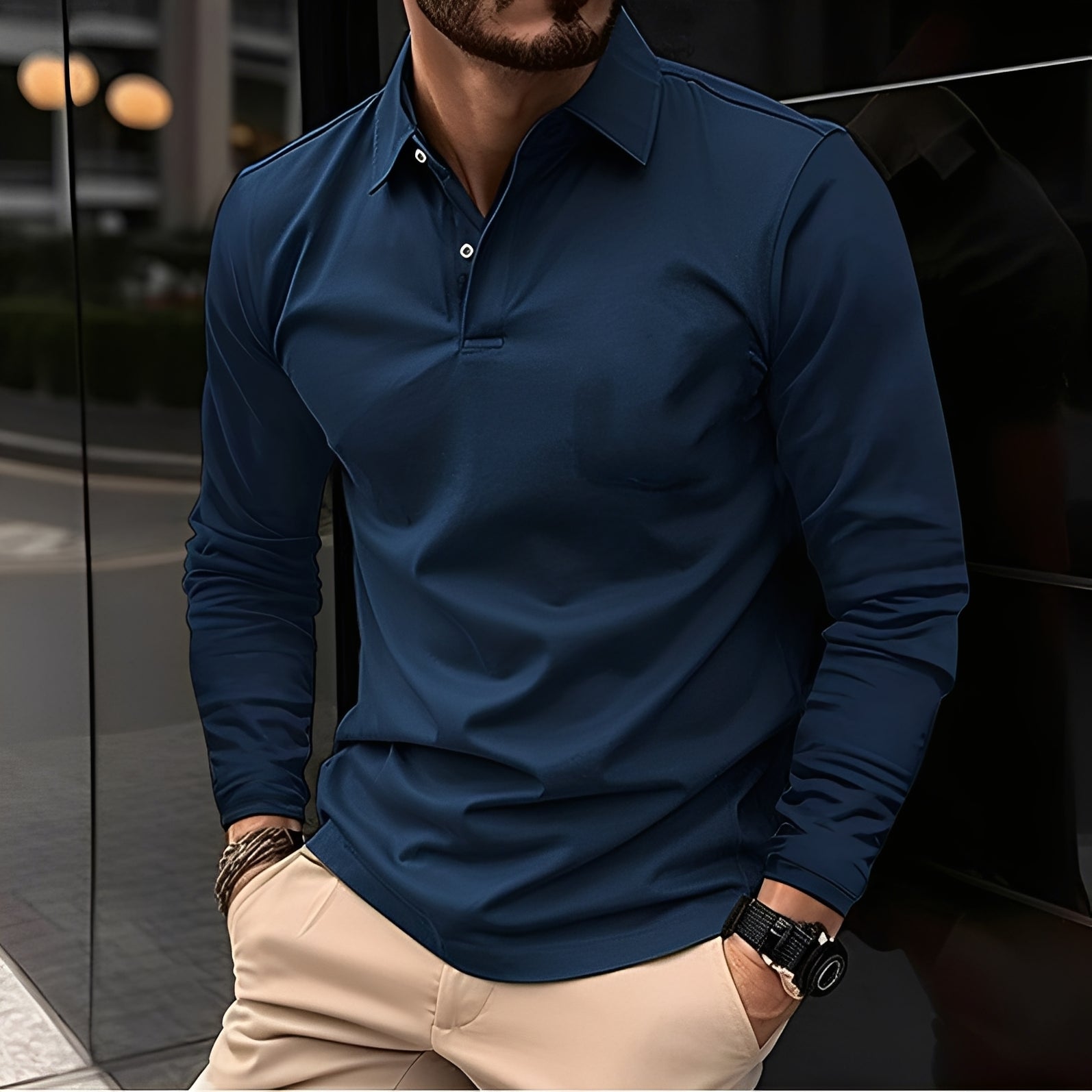 Dudley - Polo casual a maniche lunghe con bottoni per uomo