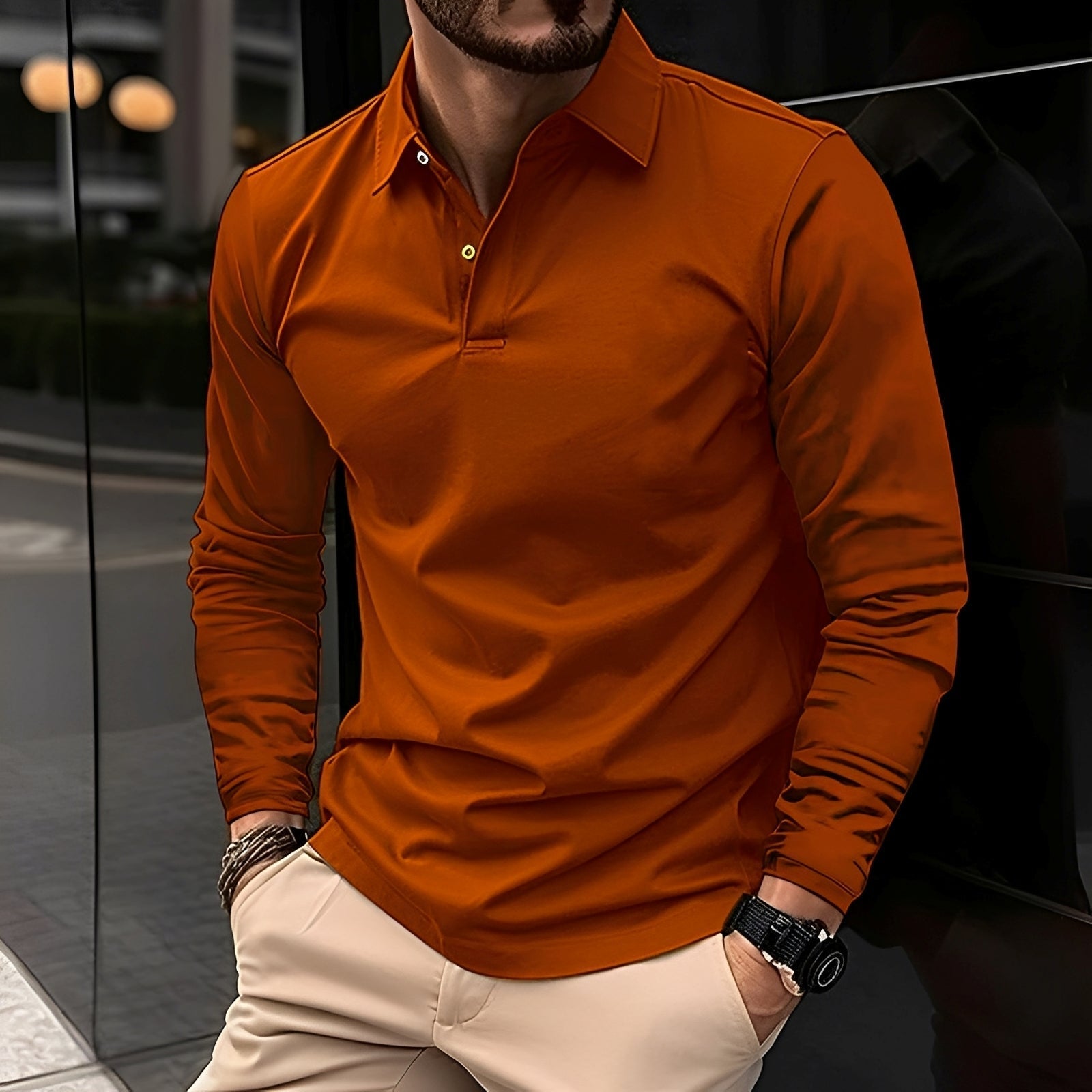 Dudley - Polo casual a maniche lunghe con bottoni per uomo