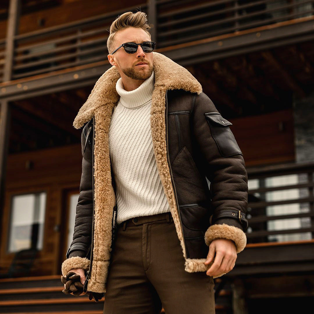 Richard - Giacca in pelle tattica con colletto di pelliccia per uomo