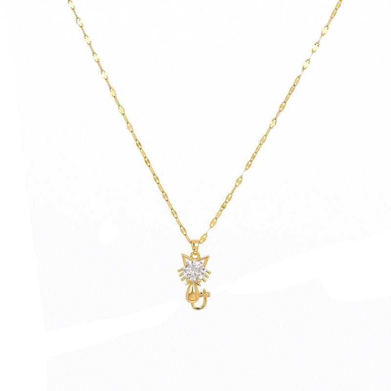 Collana con gatto placcata in oro con zirconi