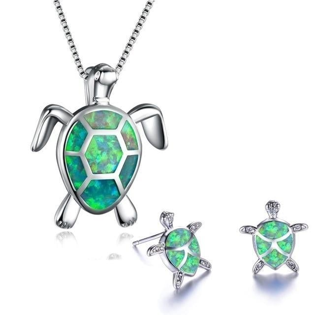 Set collana + orecchini tartaruga marina in opale e argento