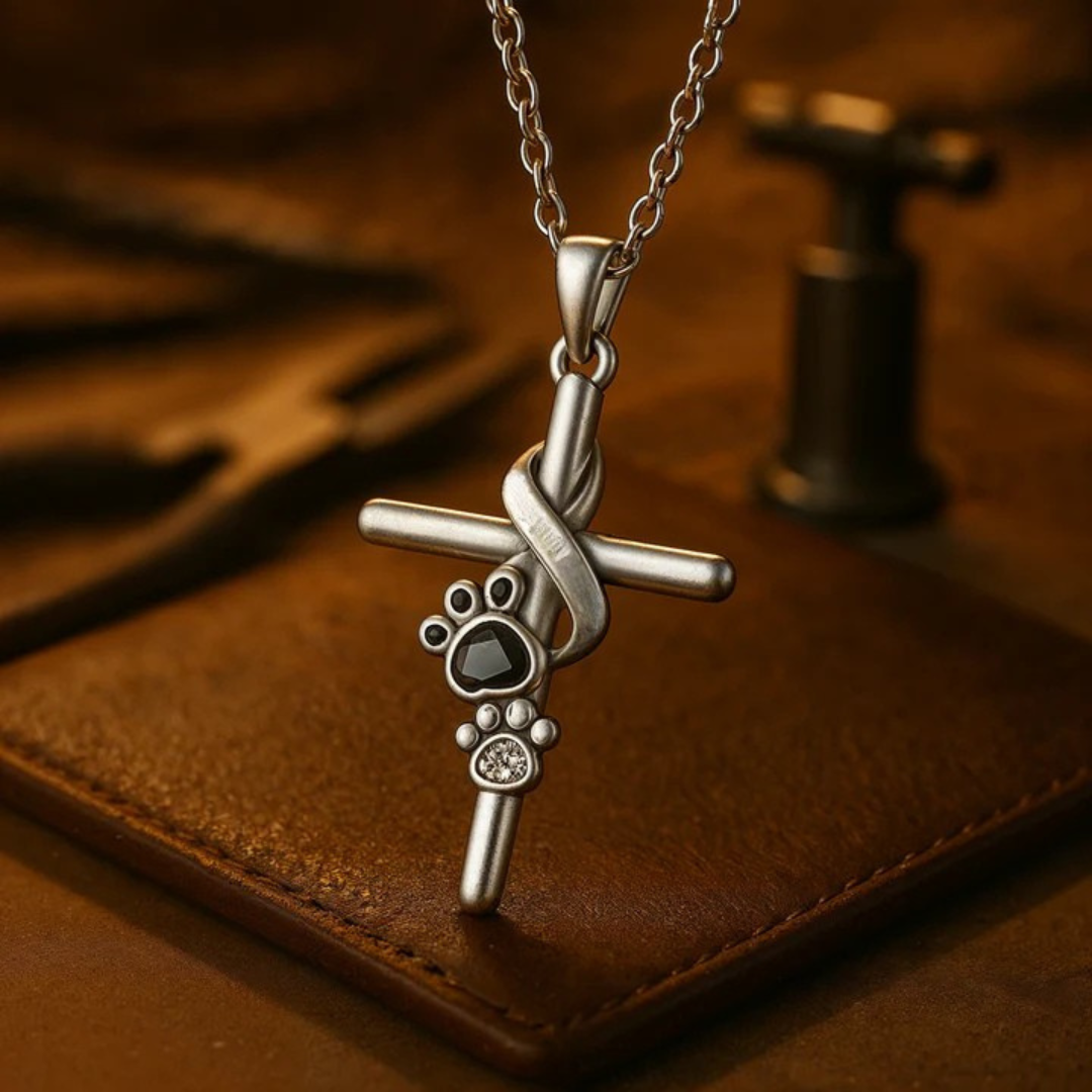 Collana con pendente a forma di zampa e croce in argento