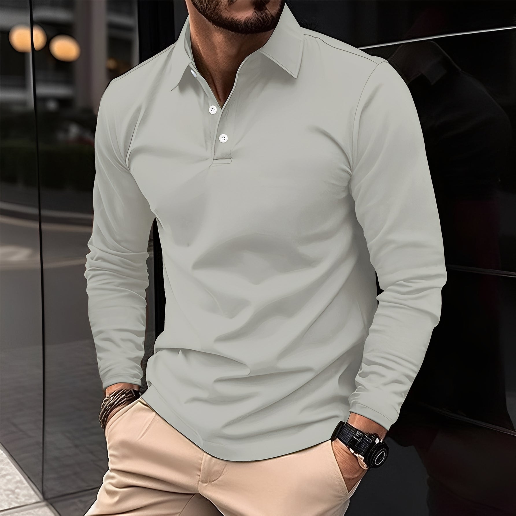 Dudley - Polo casual a maniche lunghe con bottoni per uomo