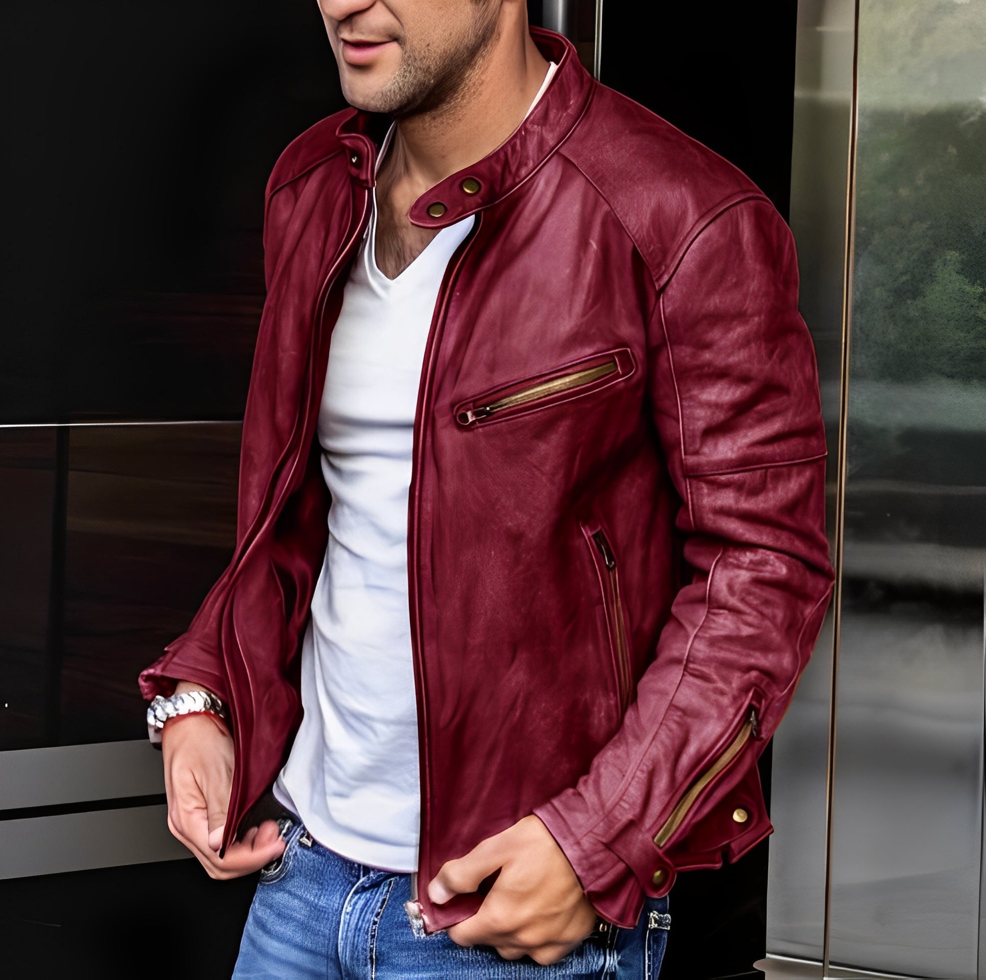 Hayden - Classica giacca in pelle con tasche con zip per uomo