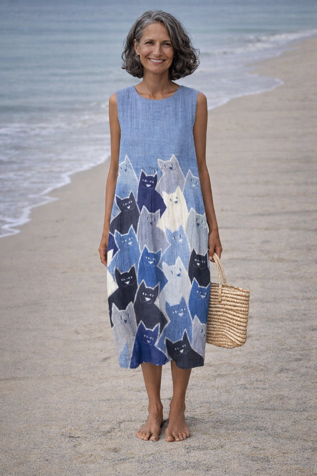 Avellana | Vestito midi con arte patchwork di gatti