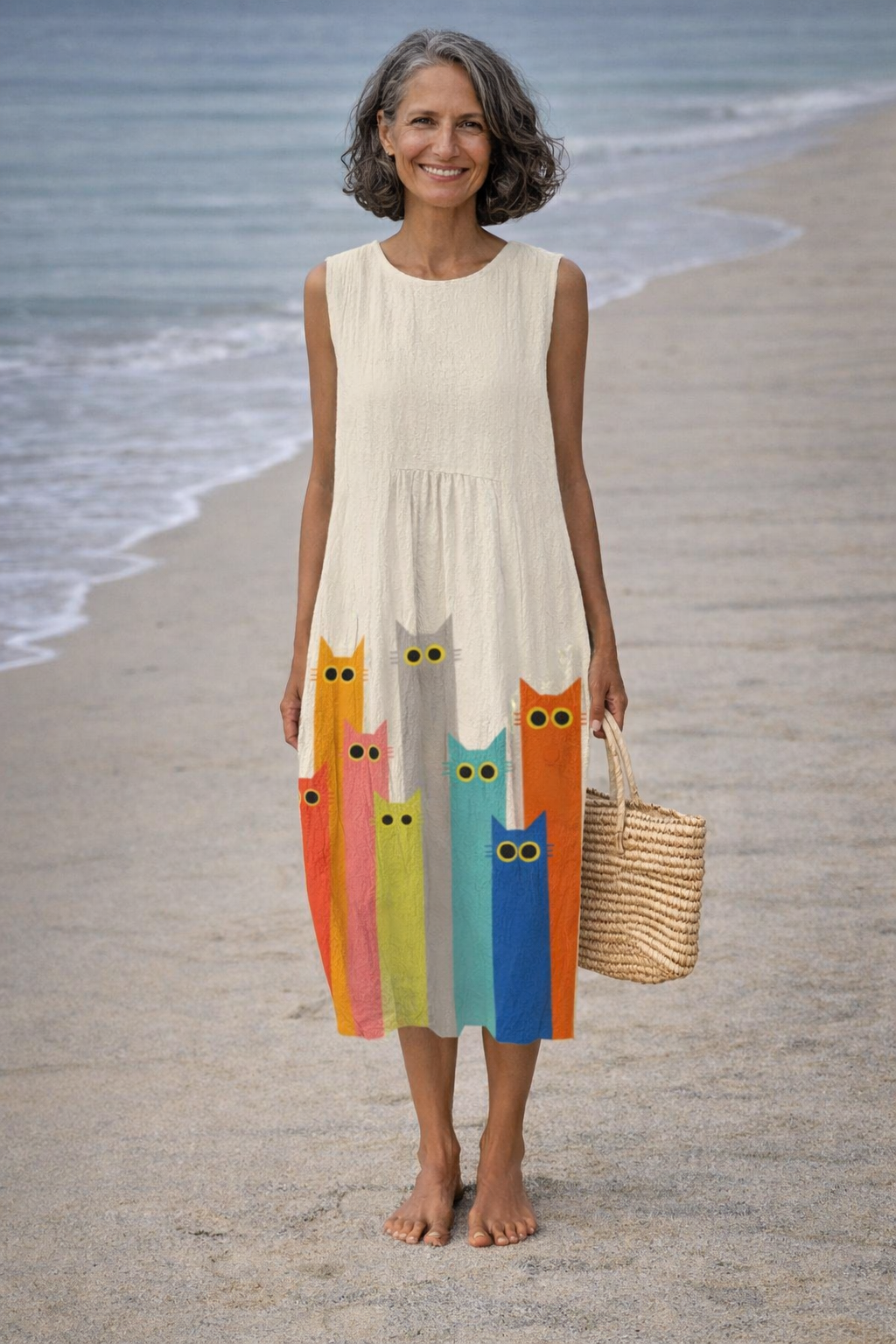 Penélope | Abito midi con stampa di gatti colorati
