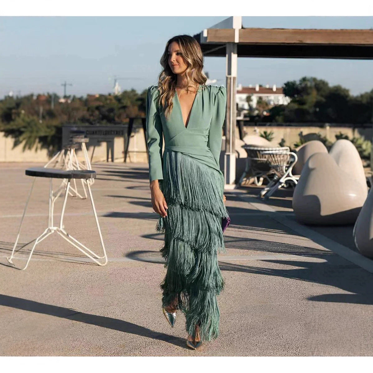Ginevra™ | Abito elegante con frange e scollo a V