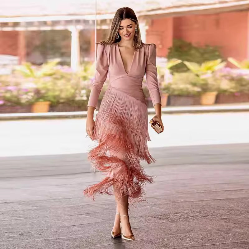 Ginevra™ | Abito elegante con frange e scollo a V