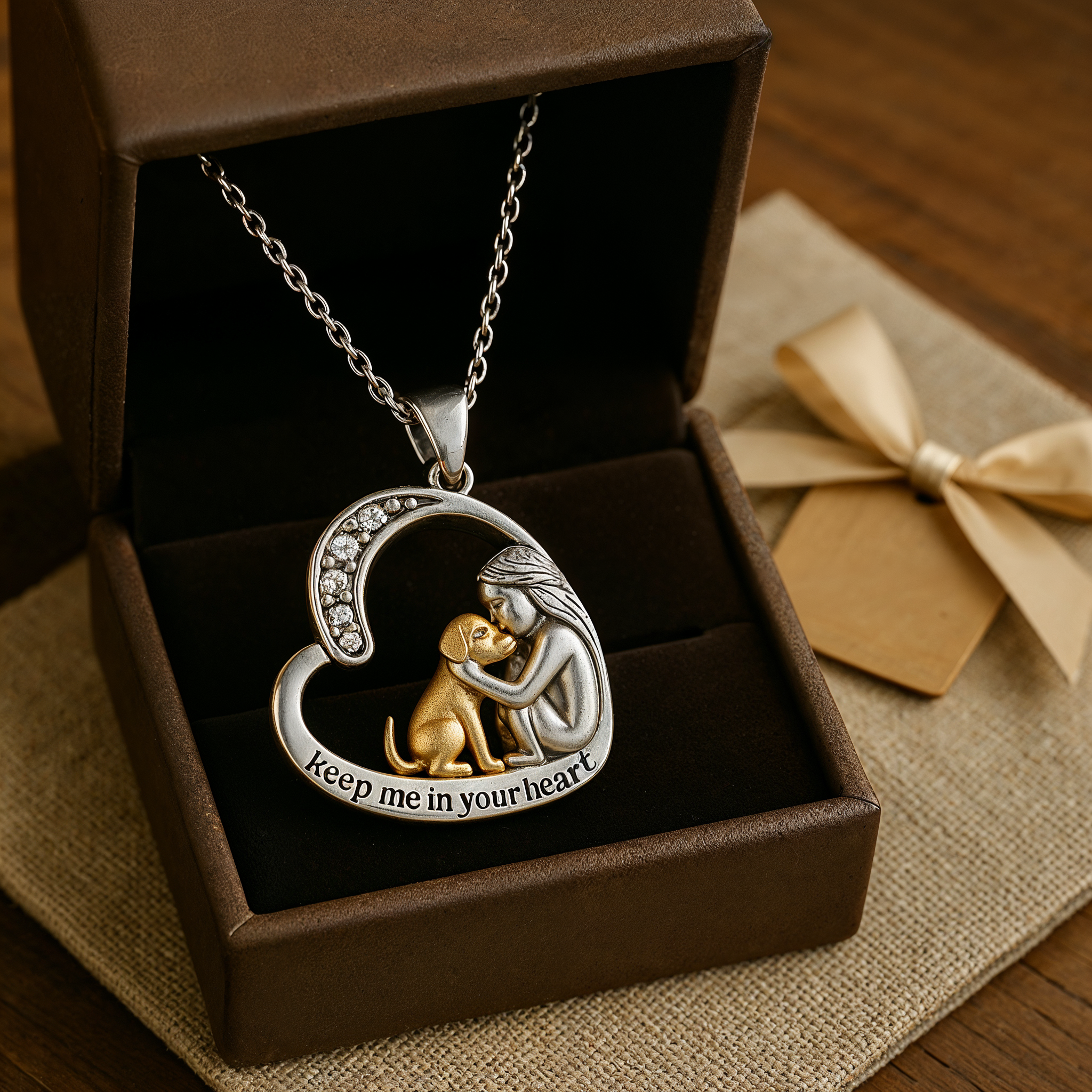 Collana con cuore in argento con cane e pietre di zirconia